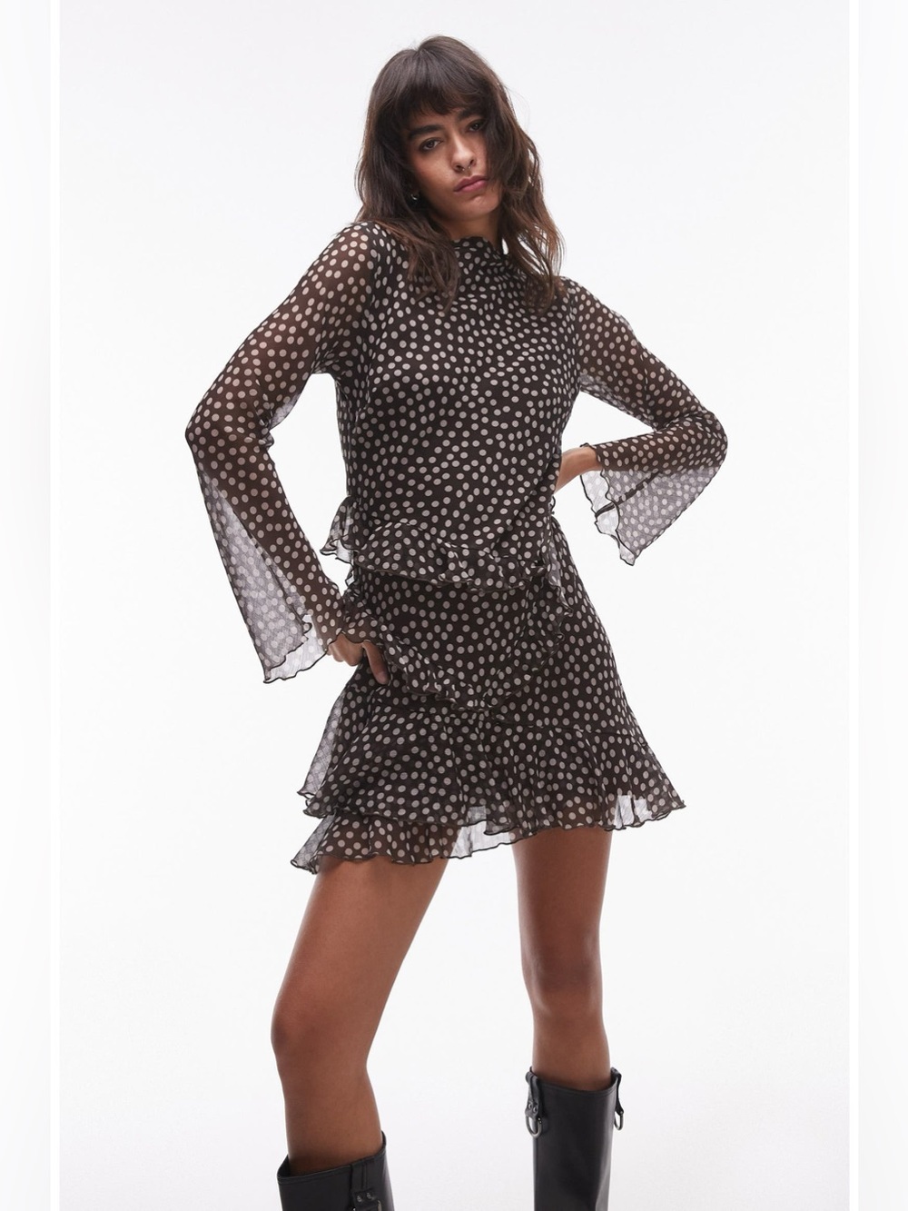 NWT Topshop Polka Dot Ruffle Long Sleeve Chiffon Minidress Brown Size 10